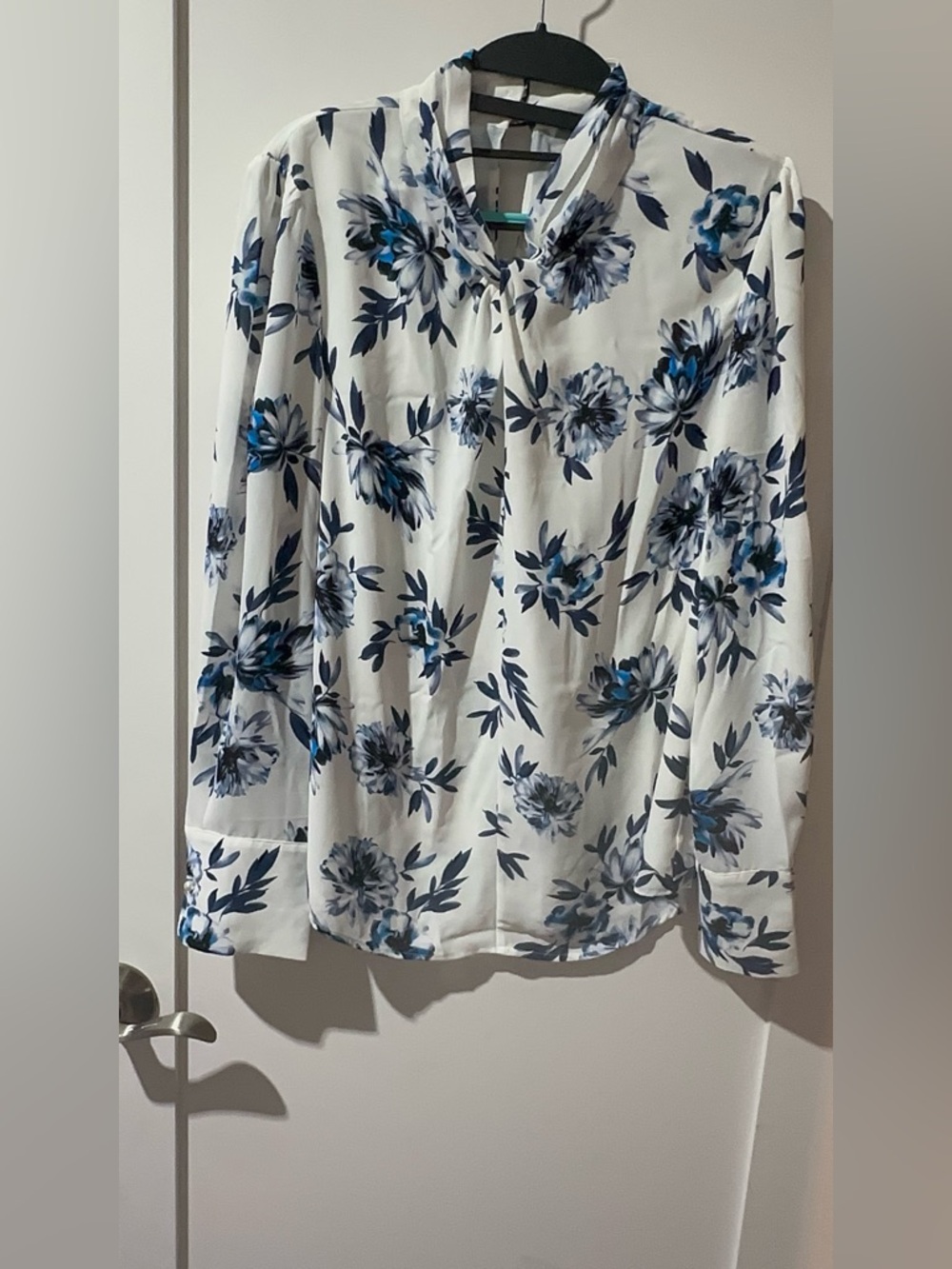 White House Black Market White Blouse with Blue Floral Print